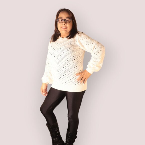 MY STYLE WOMENS SIZE SP WHITE BEIGE SWEATER WITH DESIGNED LACE HOLES - Picture 4 of 5